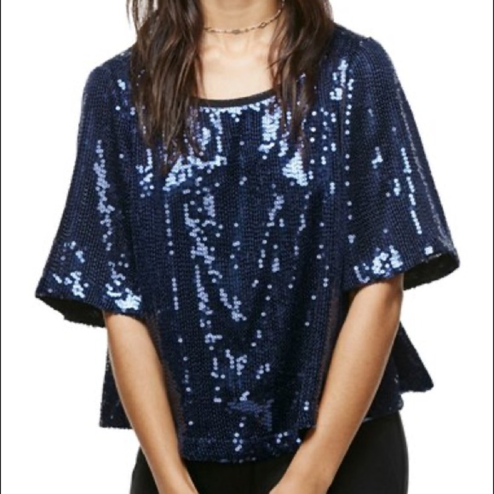 Free People Navy Blue Sequin Night Fever Short Sleeve Top